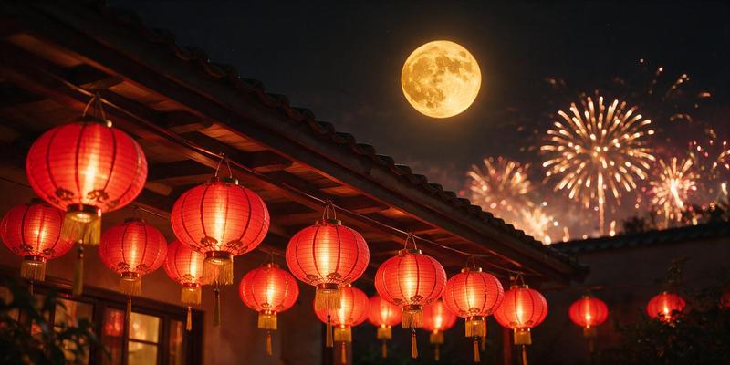 双节祝福配图:红灯笼与满月烟花
